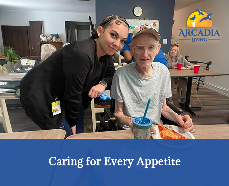 Caregiver and chef preparing a healthy meal for a senior resident at Arcadia.