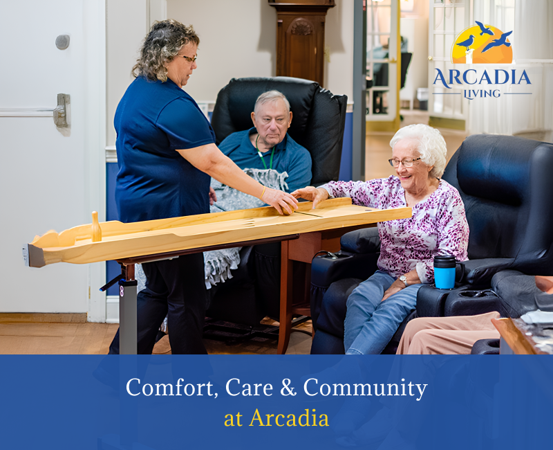 Arcadia assisted living facility with residents and staff outside