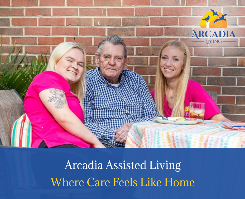 Arcadia assisted living facility with staff and residents outdoors