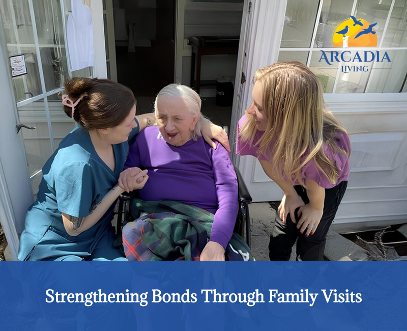Family visiting senior woman in assisted living home