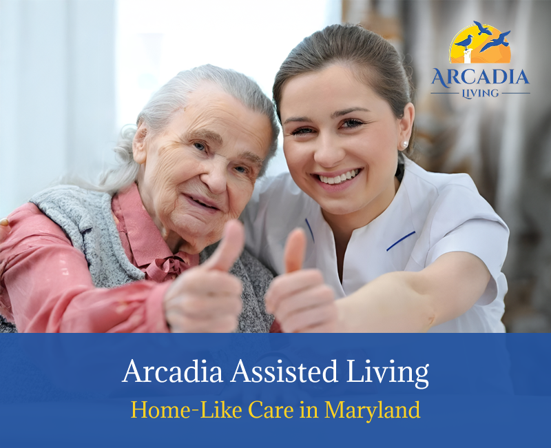 Arcadia Assisted Living exterior and caregiver with senior resident